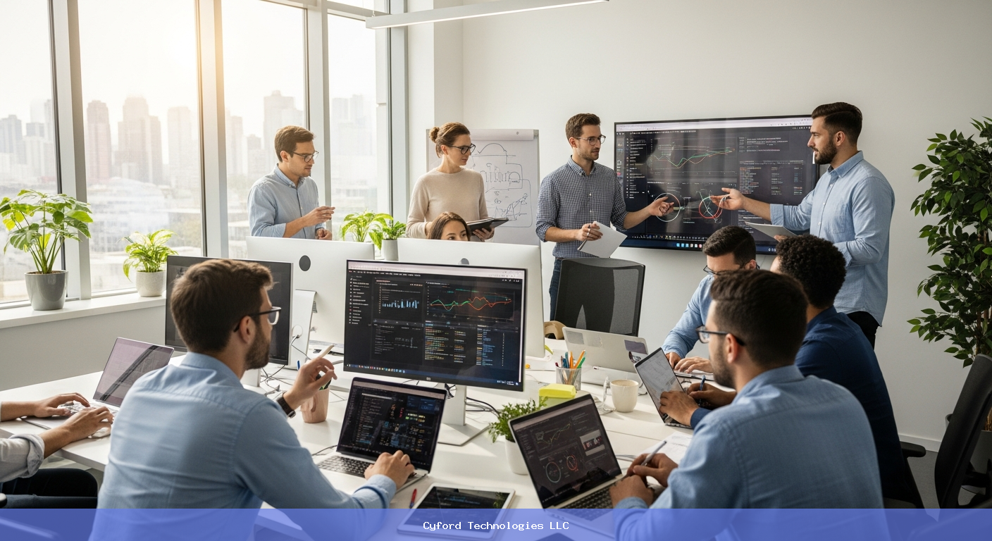 professional team working on data analytics in a bright office